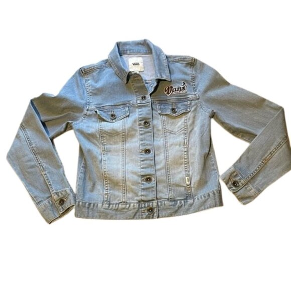 Vintage Vans Embroidered Logo Stretch Denim Light Blue Wash Denim Jacket FLAWED - Picture 3 of 10
